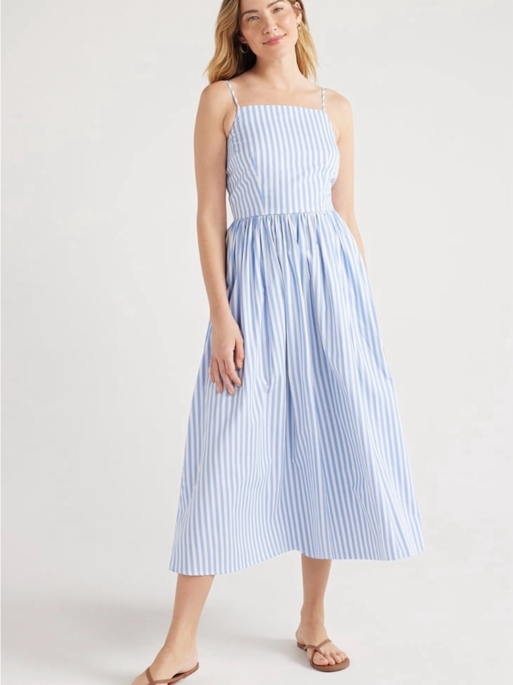 Light Blue & White Striped Spaghetti-Strap Midi Dress